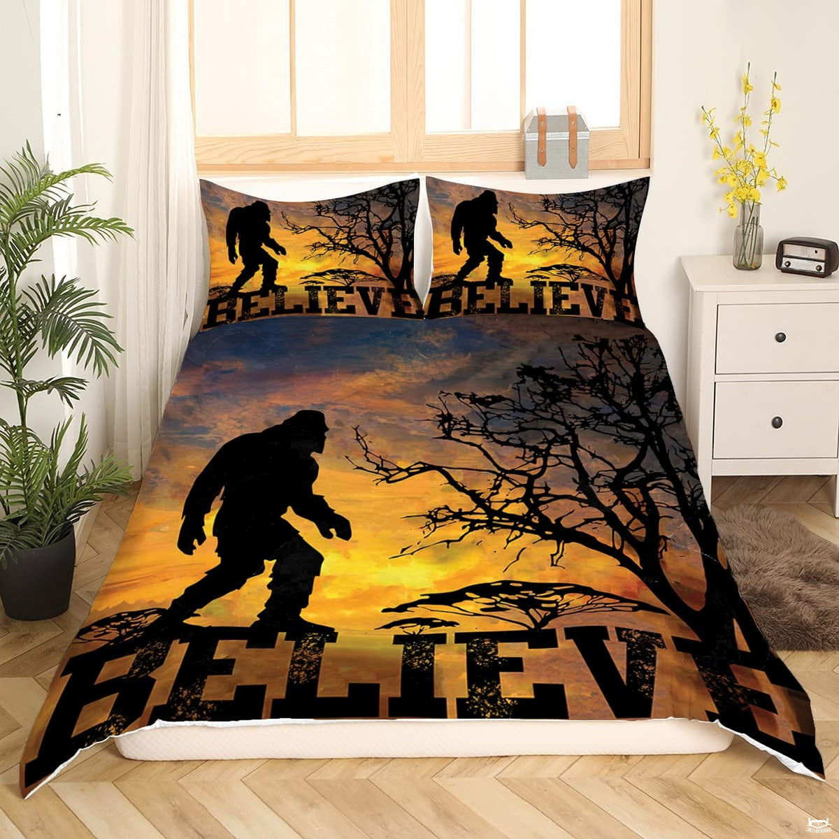 Matching pillow sham detail for Bigfoot bedding set displaying sunset cryptid artwork in bedroom setting