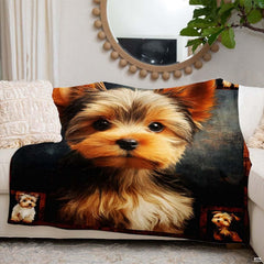 Side angle perspective highlighting high definition canine print clarity and golden fur tones of the blanket