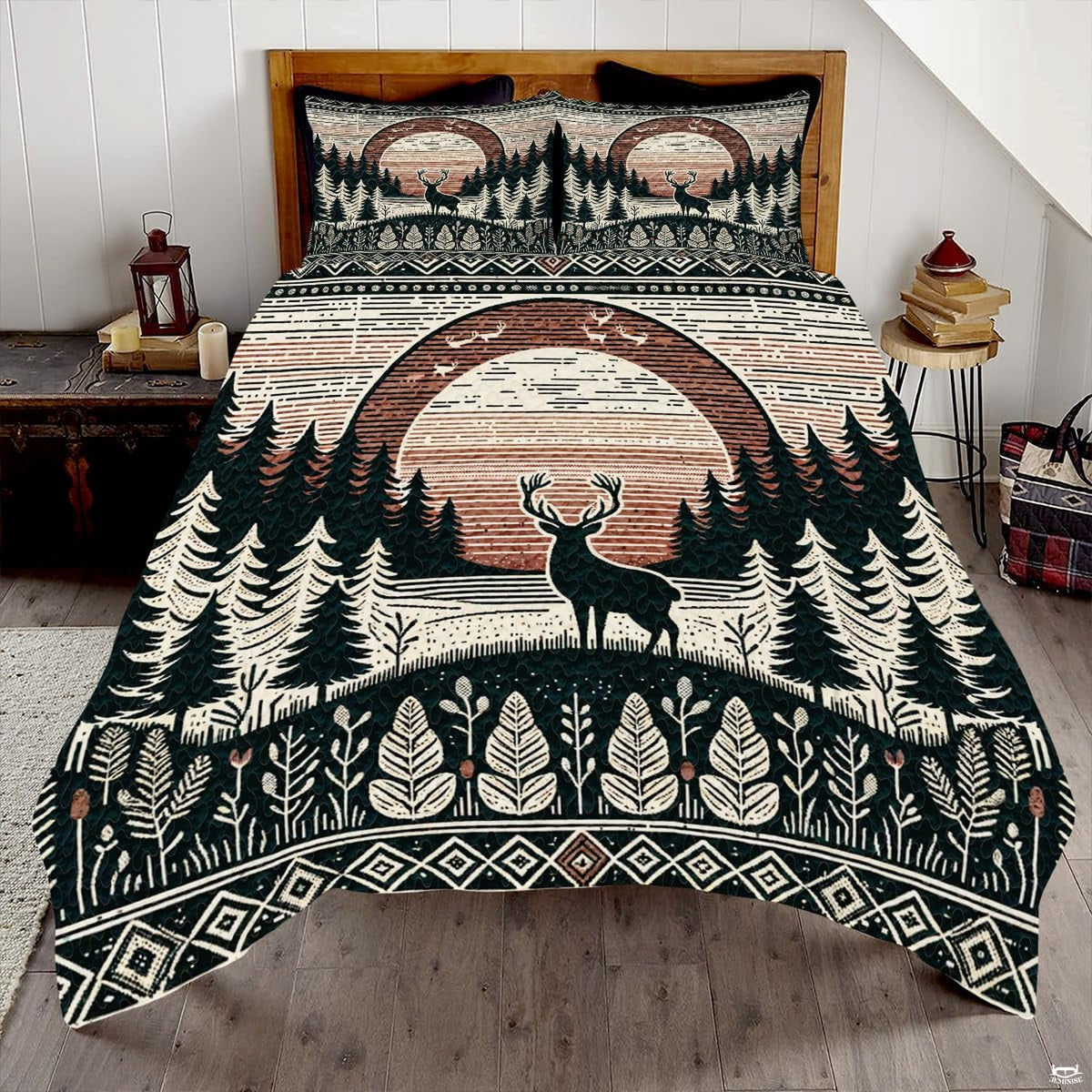 Rustic woodland deer bedding set featuring a stag silhouette in front of a striped pine forest sunset.