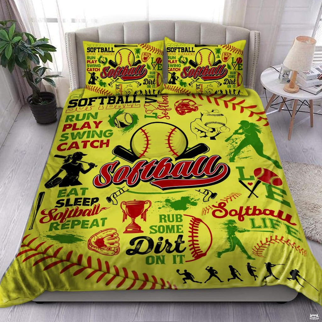 Top-down view of optic yellow softball sports bedding set neatly displayed on a youth bedroom mattress