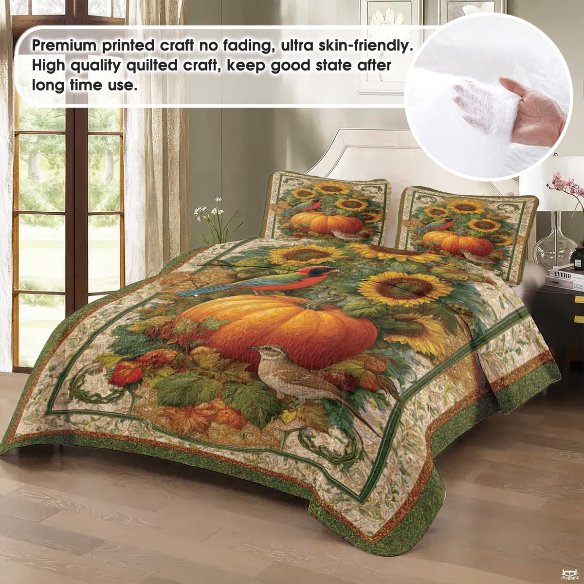 Detailed view of bright yellow sunflowers and fall leaves on an antique gold decorative bedding background.