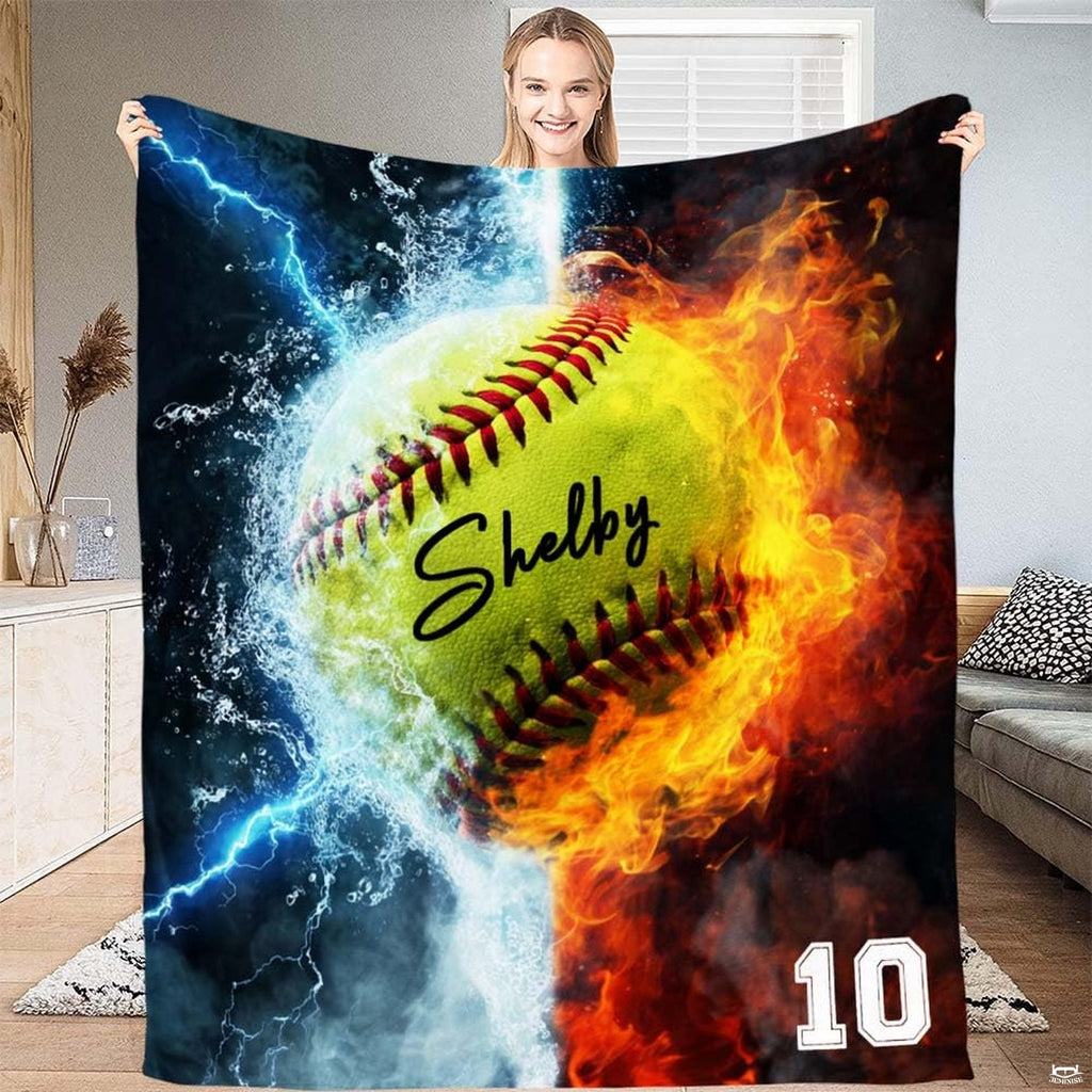 Softball elemental flames graphic blanket unfolded flat view