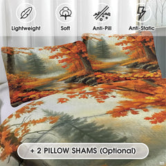 Close-up detail of glowing fall trees and burnt terracotta foliage on scenic autumn bedding
