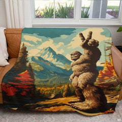 Bigfoot sasquatch peace sign blanket draped over leather living room sofa