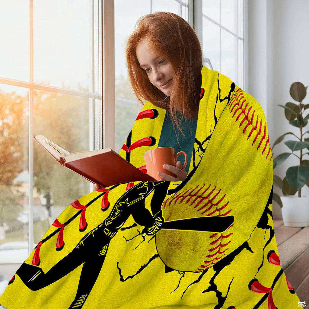 Draped perspective of softball batter throw blanket highlighting vibrant yellow and black colors.