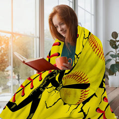 Draped perspective of softball batter throw blanket highlighting vibrant yellow and black colors.