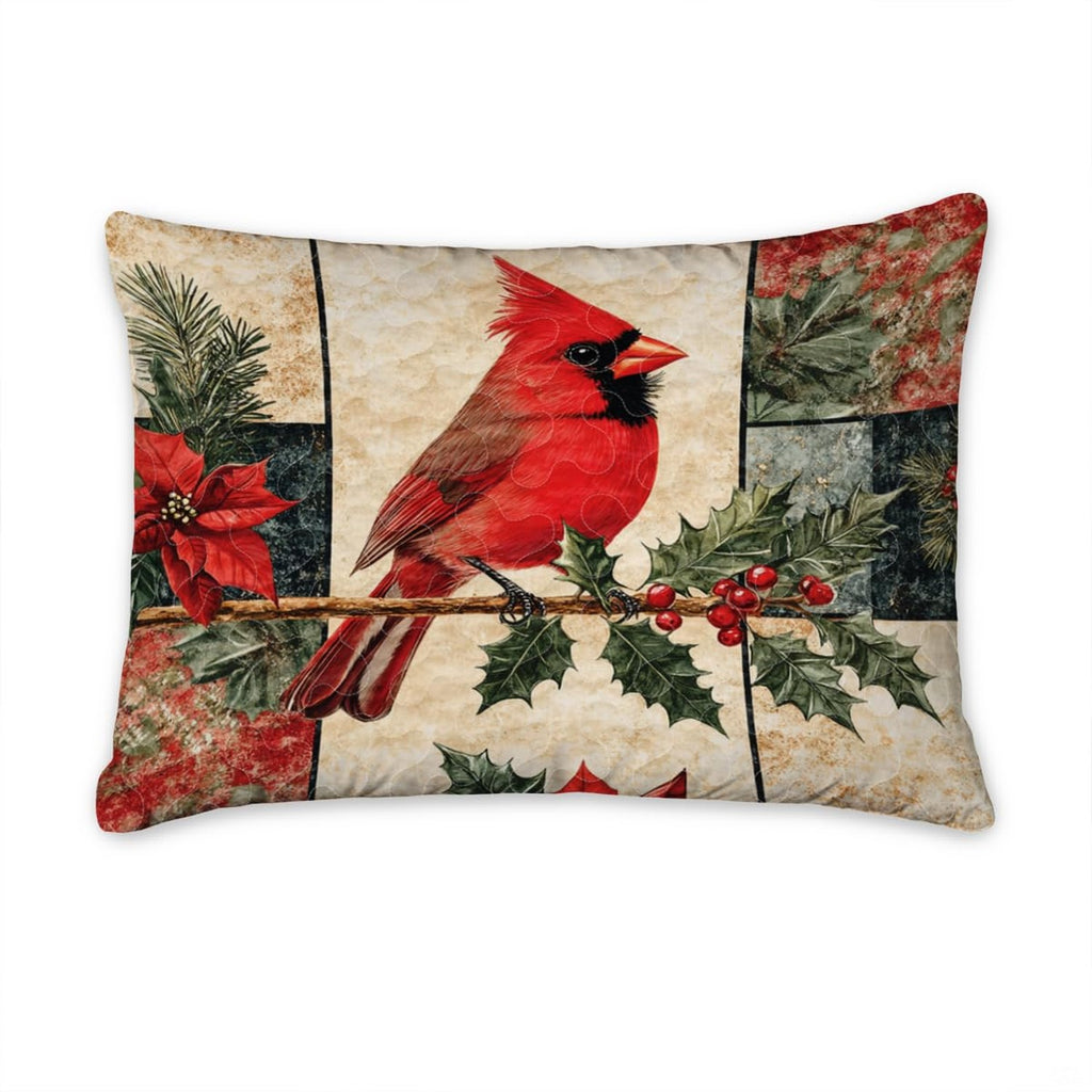 Christmas cardinal sheets and bedding decor display in a rustic bedroom styled with winter greenery.