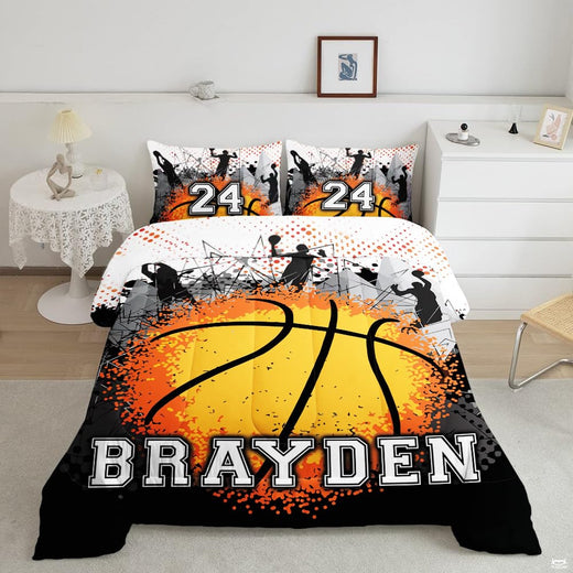 Golden basketball court stadium bedding set displayed on a bed in an athletic themed bedroom