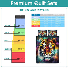 Colorful tiger portrait beside a sizing information graphic