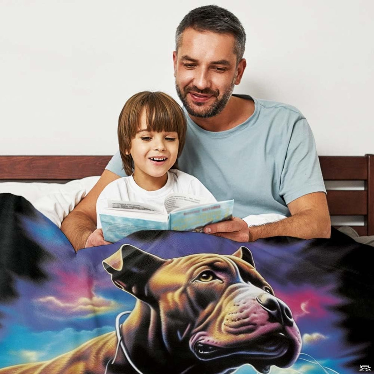 Angle view of majestic mountain pitbull throw blanket showing crisp edges and alpine landscape print