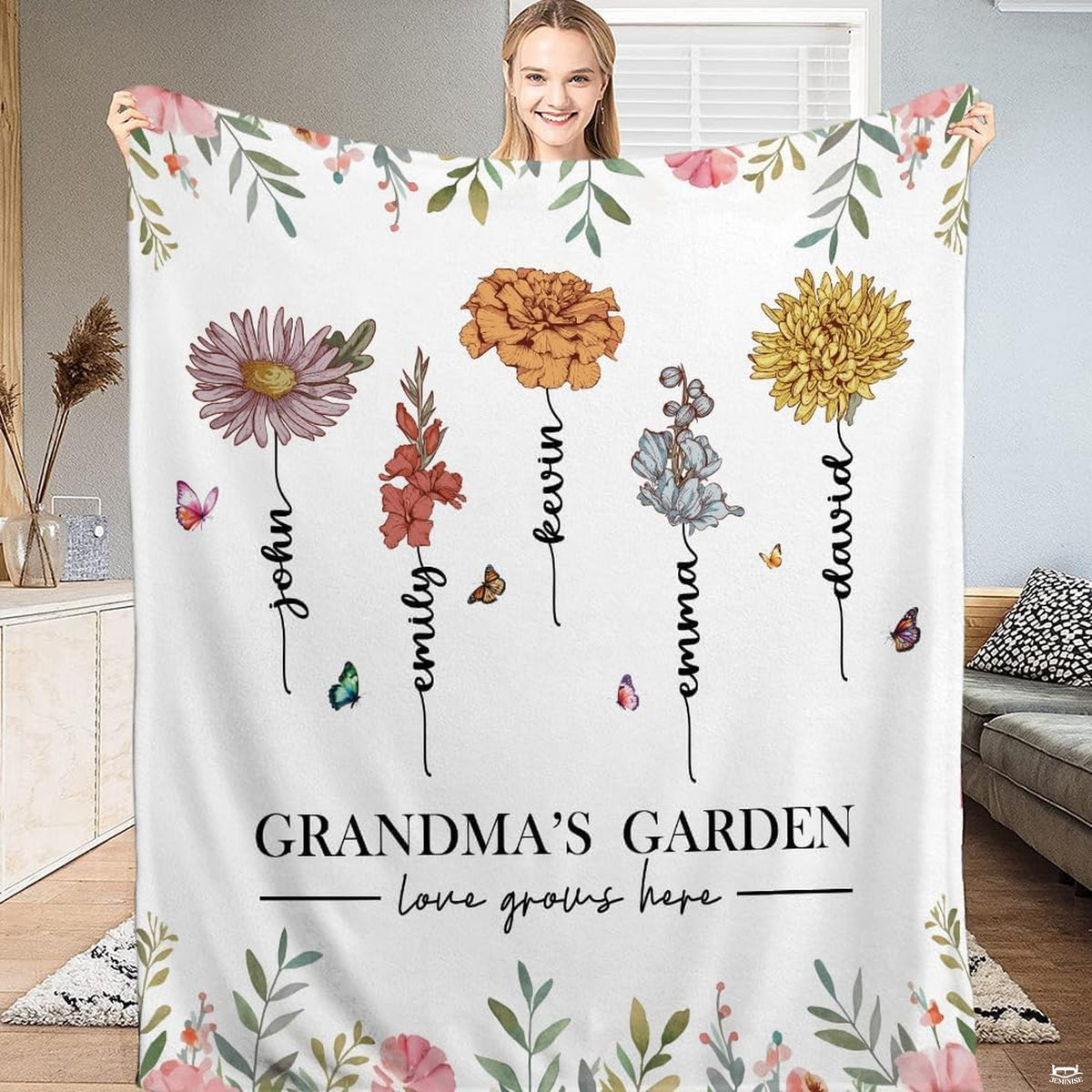 Watercolor botanical blooms matriarch meadow blanket held up by woman
