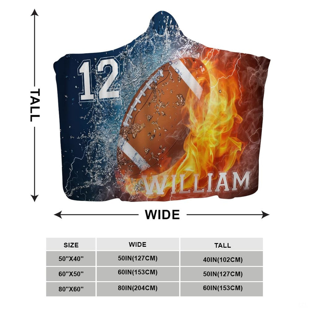 Football emblem between roaring flames and splashing water with varsity lettering, view 2.