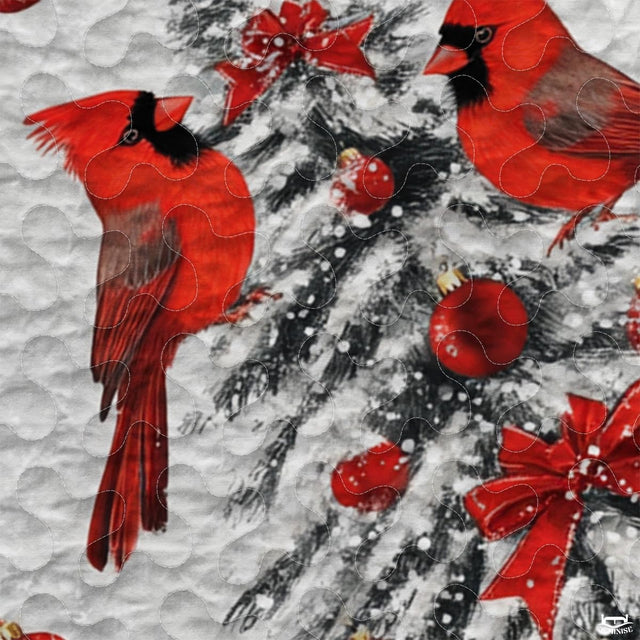 Cardinals Perched Beside Decorated Christmas Tree Patchwork Winter Quilt