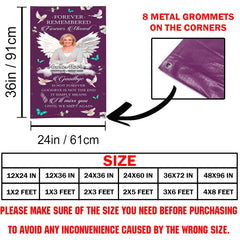 Diagram showing outdoor memorial blanket dimension options alongside corner grommet detail