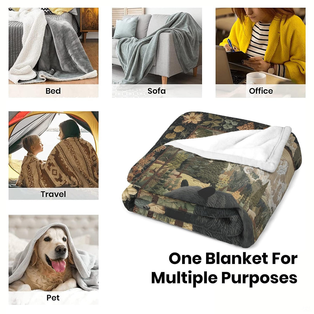 Folded black bear and canoe throw blanket displayed in bedroom