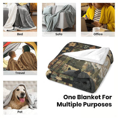 Folded black bear and canoe throw blanket displayed in bedroom