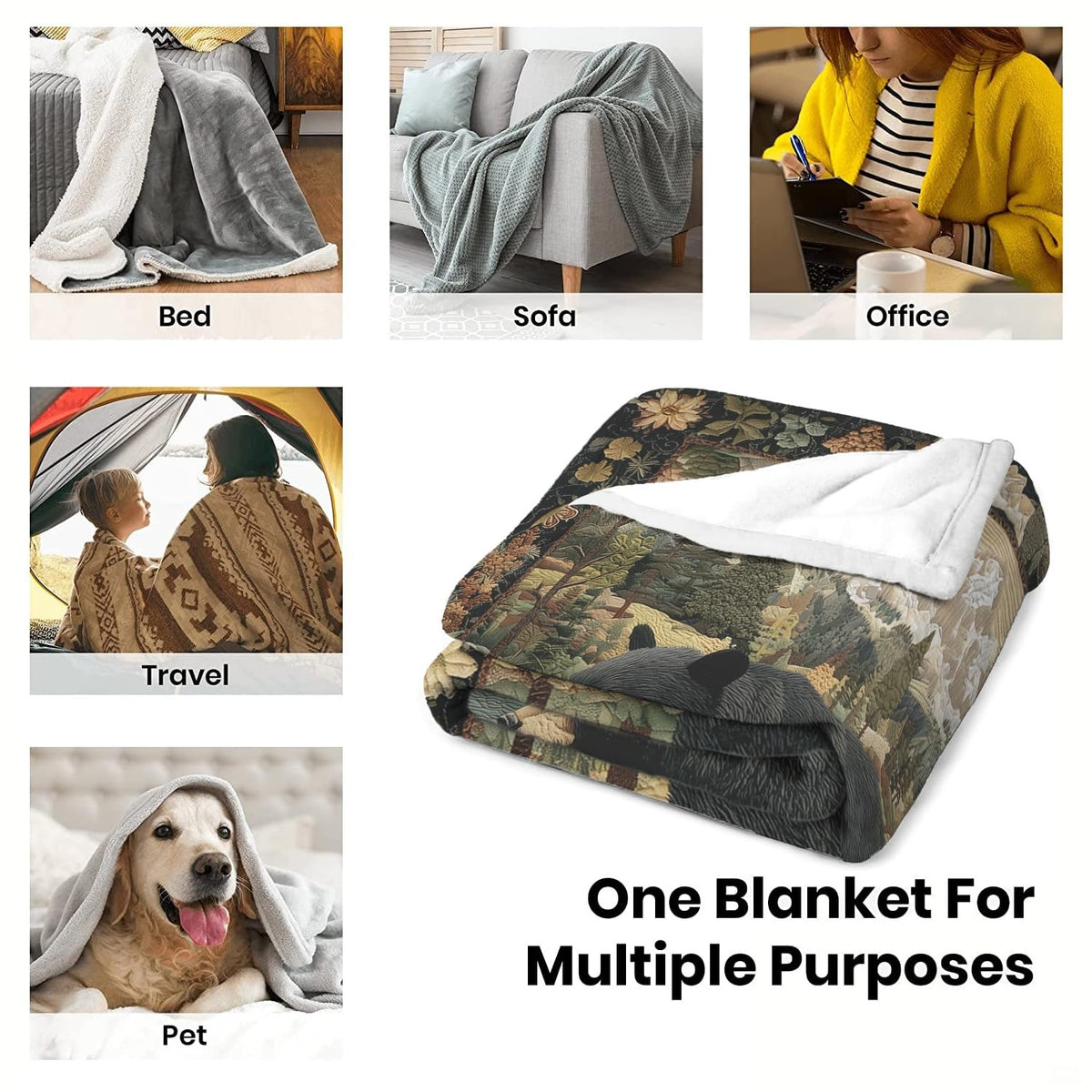 Folded black bear and canoe throw blanket displayed in bedroom
