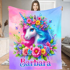 Pastel floral unicorn portrait throw blanket displaying flower crown and blue watercolor skies