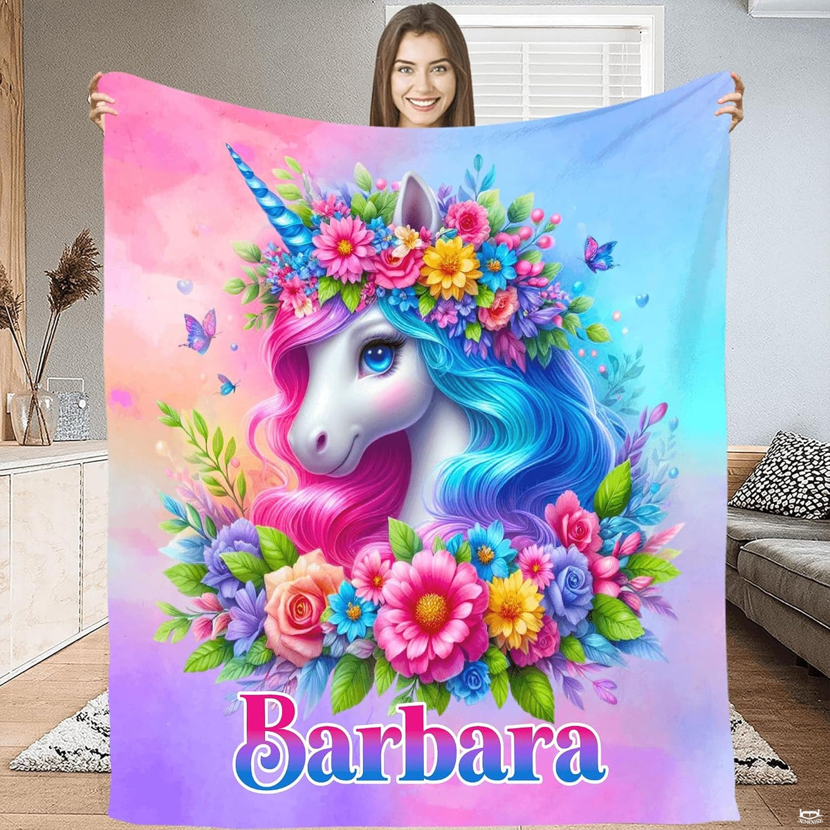 Pastel floral unicorn portrait throw blanket displaying flower crown and blue watercolor skies