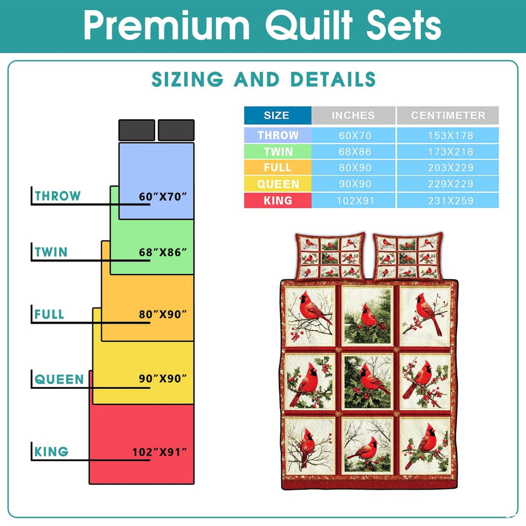 High-angle perspective of cardinal bird bedding set presenting balanced geometric patchwork tiles and nature artwork on bed.