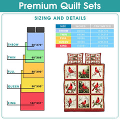 High-angle perspective of cardinal bird bedding set presenting balanced geometric patchwork tiles and nature artwork on bed.