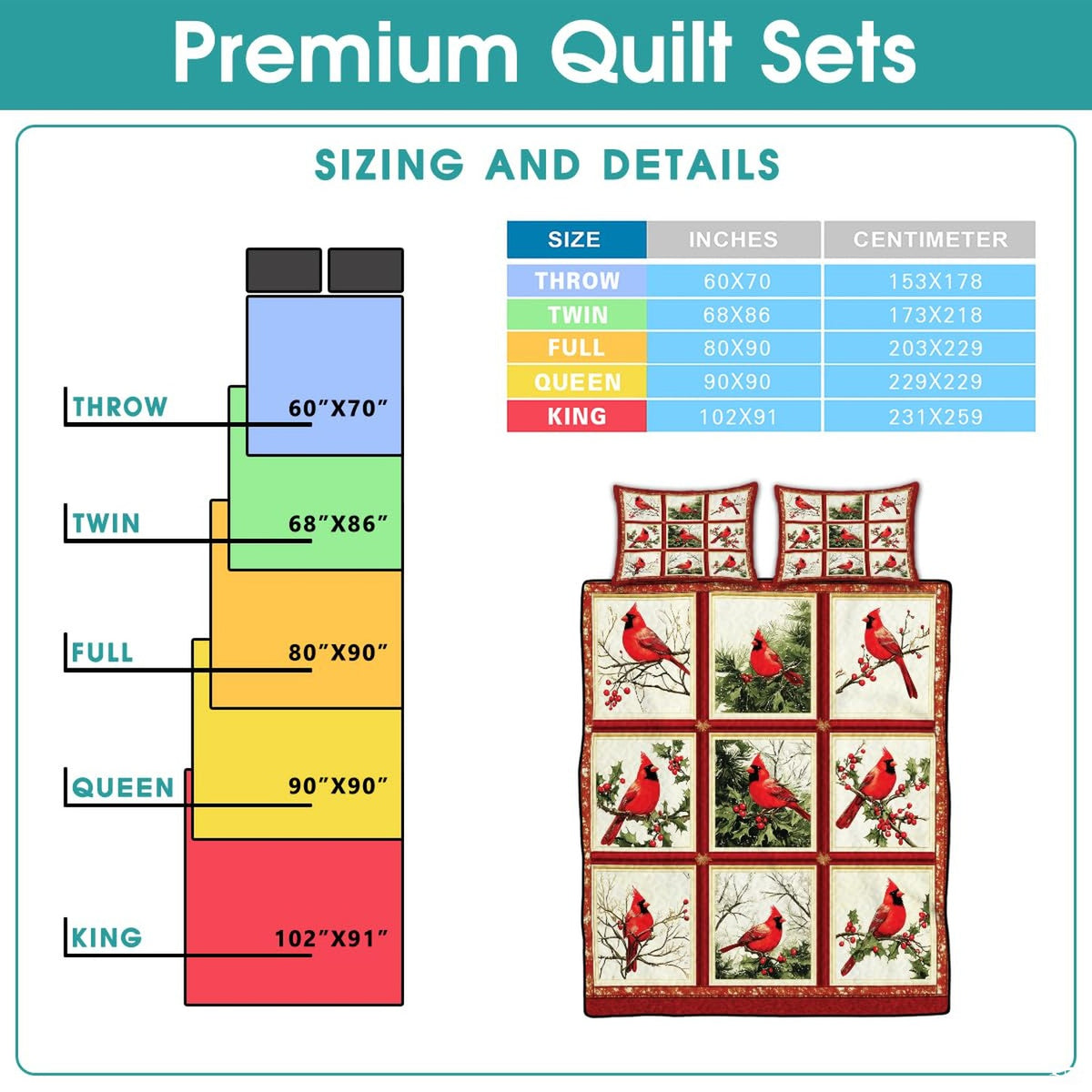 High-angle perspective of cardinal bird bedding set presenting balanced geometric patchwork tiles and nature artwork on bed.