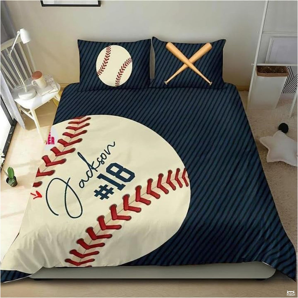 Baseball bedding displaying oversized ball disc with red lacing on sleek diagonal navy pinstripe background