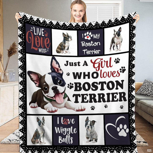 Artistic collage bedding set displaying playful pup portraits, bone accents, and paw graphics across colorful panels.