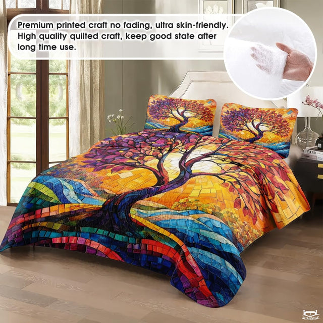 Custom Celtic Tree of Life Quilt Set with Colorful Mosaic Sunburst