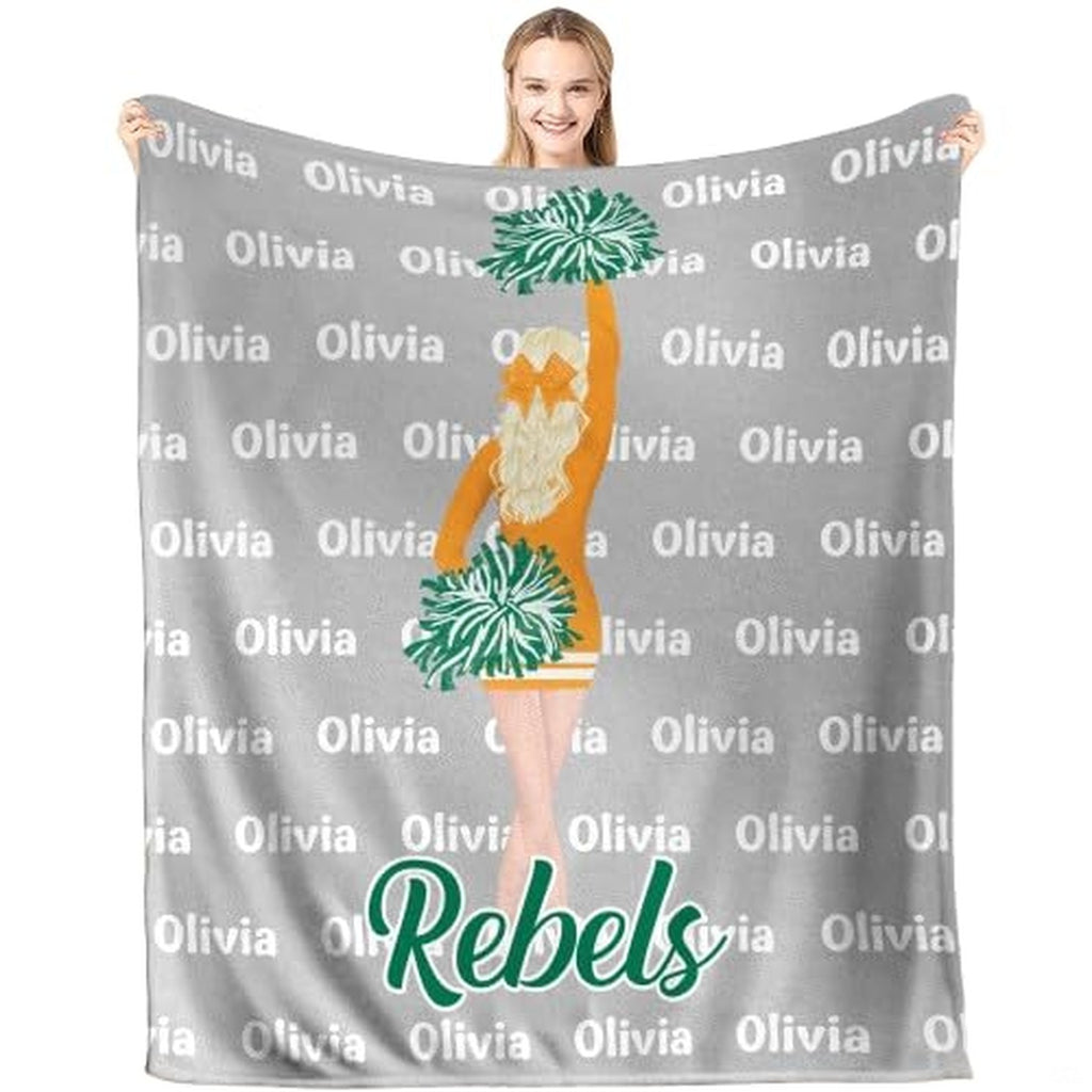 Cheerleader blanket featuring pom-poms and orange cheer uniform on gray typography background.