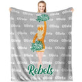 Cheerleader blanket featuring pom-poms and orange cheer uniform on gray typography background.