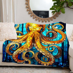 Stained glass golden octopus cathedral throw blanket view 6 detailing mosaic tiles and tentacles