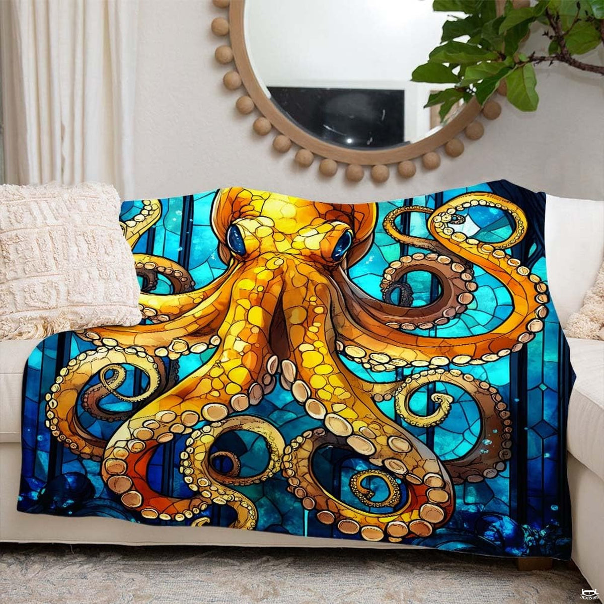 Stained glass golden octopus cathedral throw blanket view 6 detailing mosaic tiles and tentacles