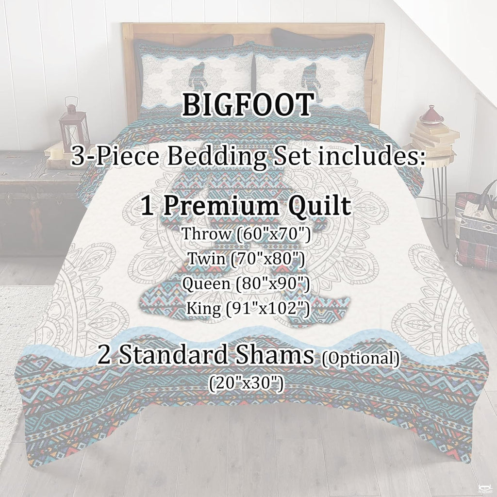 Full bedroom display of artistic Sasquatch mandala bedding styled with contemporary bohemian home decor