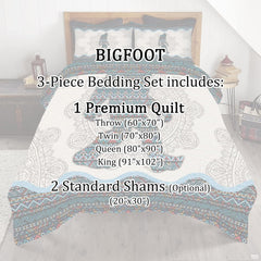 Full bedroom display of artistic Sasquatch mandala bedding styled with contemporary bohemian home decor