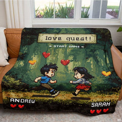 16-bit pixel art couple running on forest path with floating hearts, view 3.