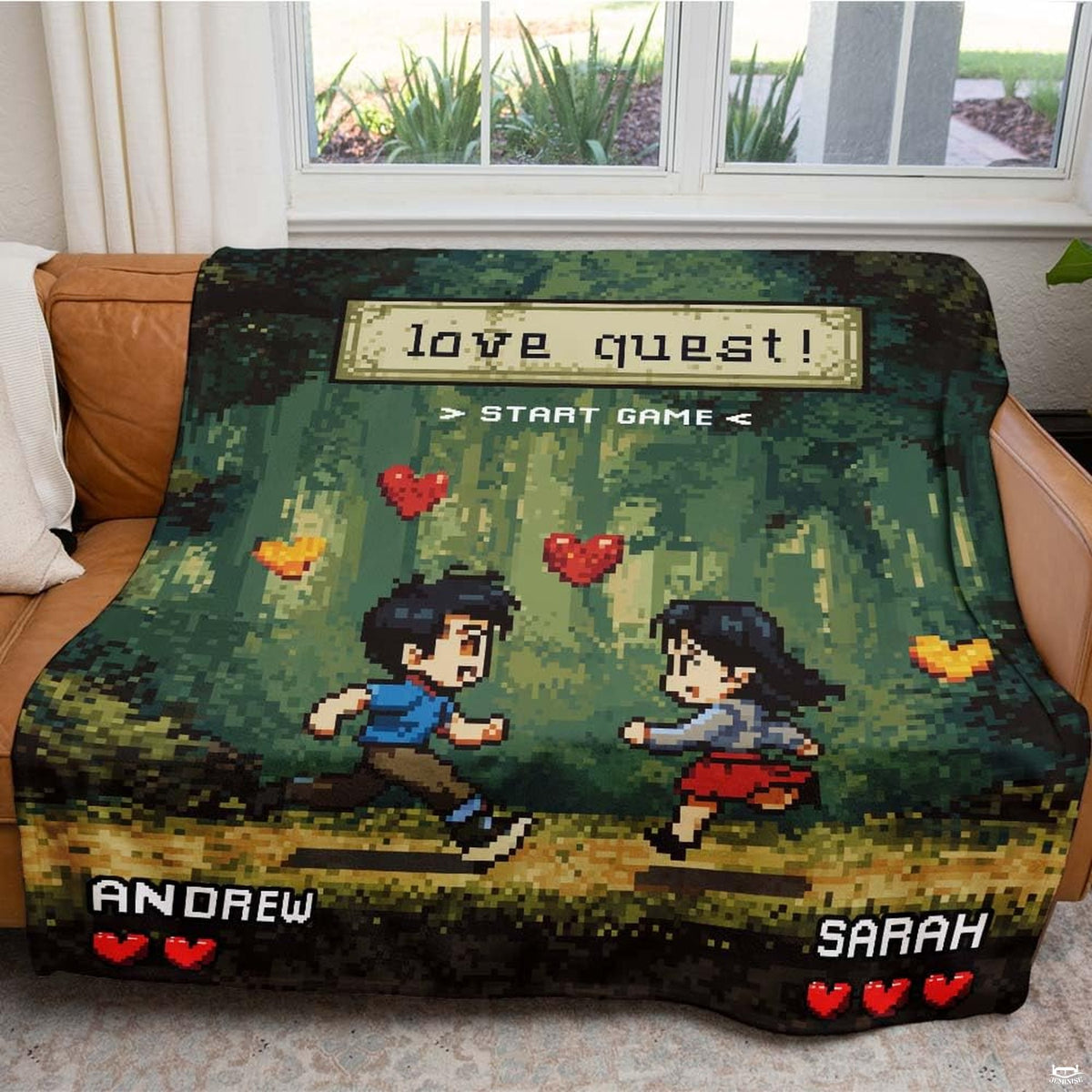 16-bit pixel art couple running on forest path with floating hearts, view 3.