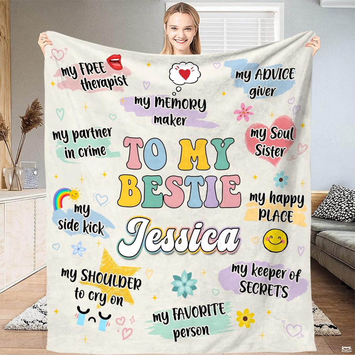 Retro pastel best friend design with bubble typography and colorful friendship doodles, view 1.