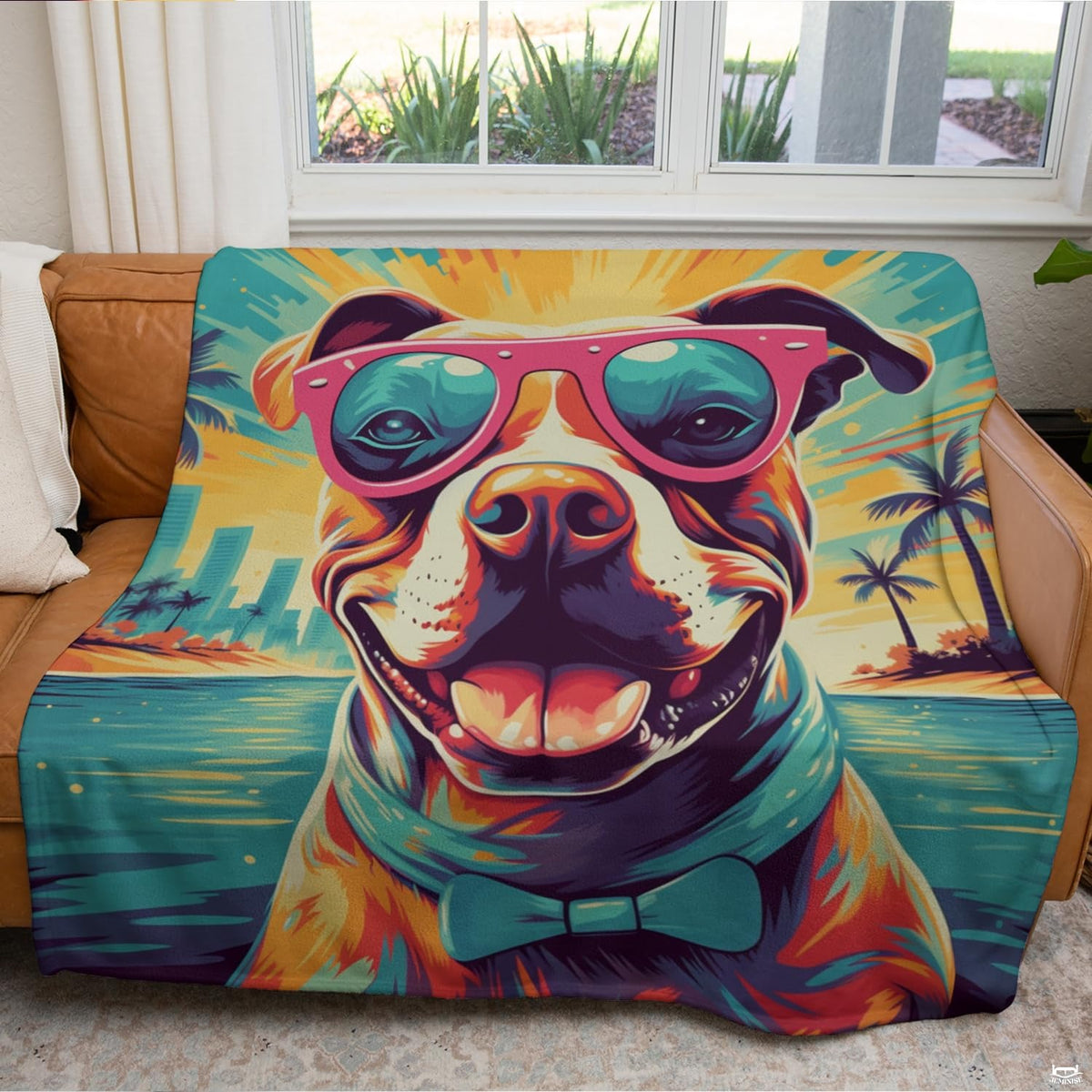Colorful pop art pitbull wearing pink sunglasses and turquoise bow tie against tropical beach sunset, view 4.