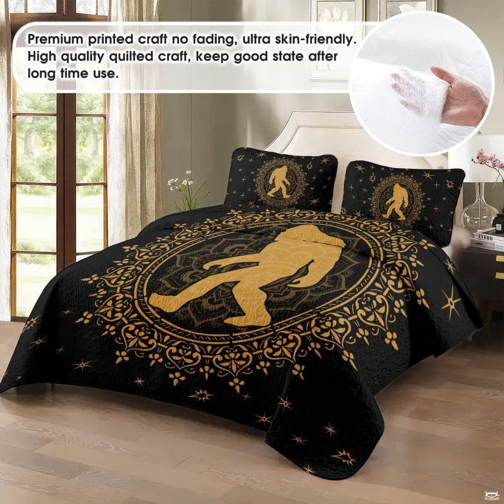 Matching pillowcase detail for woodland bedding set featuring coordinating golden moonlit Bigfoot artwork