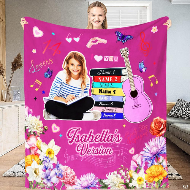 Pink acoustic guitar throw blanket featuring musical notes, a stack of books, and garden flowers on magenta.