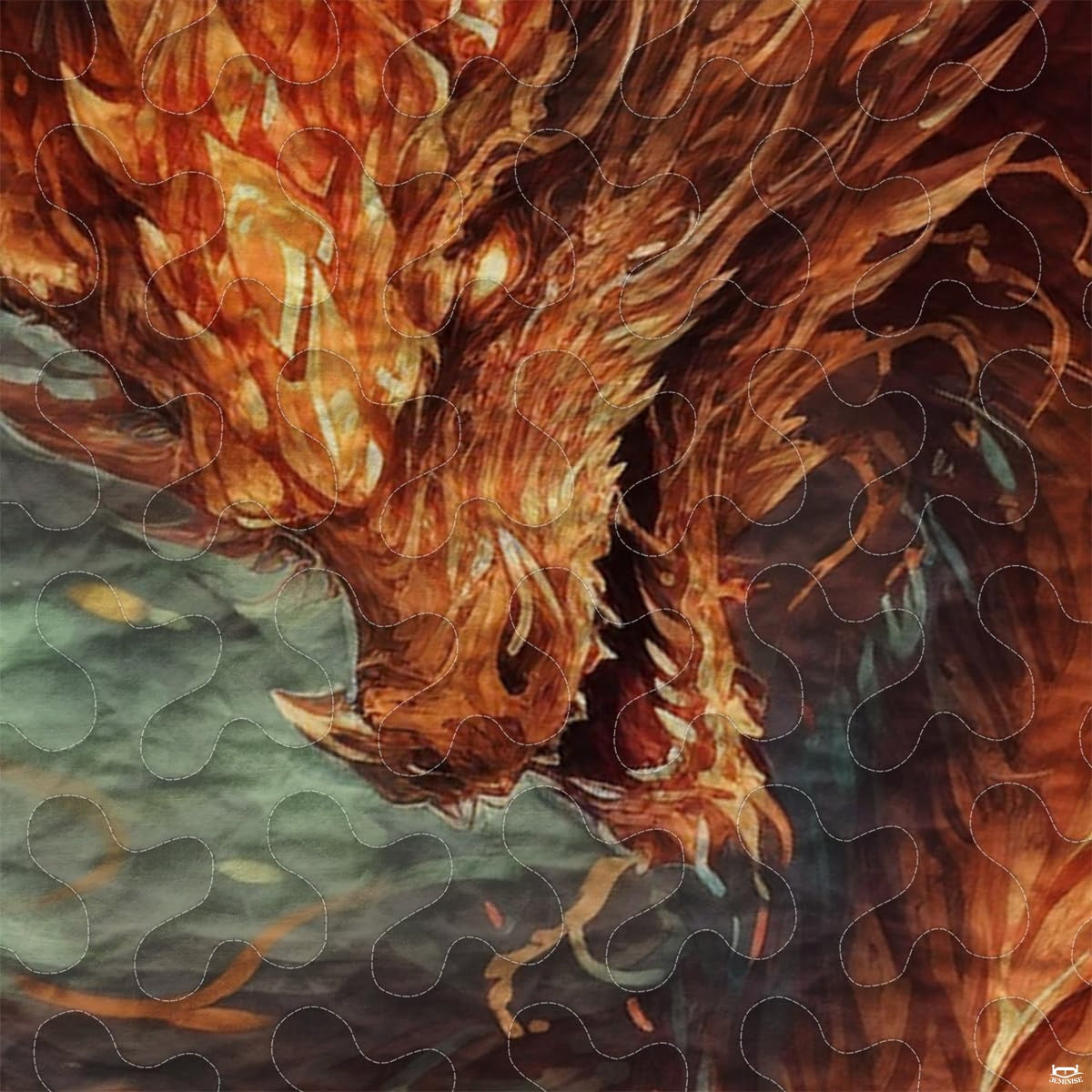 Close-up of copper dragon artwork with flame-like mane and smoky teal details