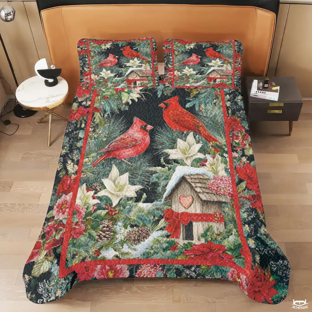 Christmas Cardinals Near Snowy Birdhouse Patchwork Floral Quilt
