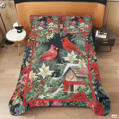 Christmas Cardinals Near Snowy Birdhouse Patchwork Floral Quilt