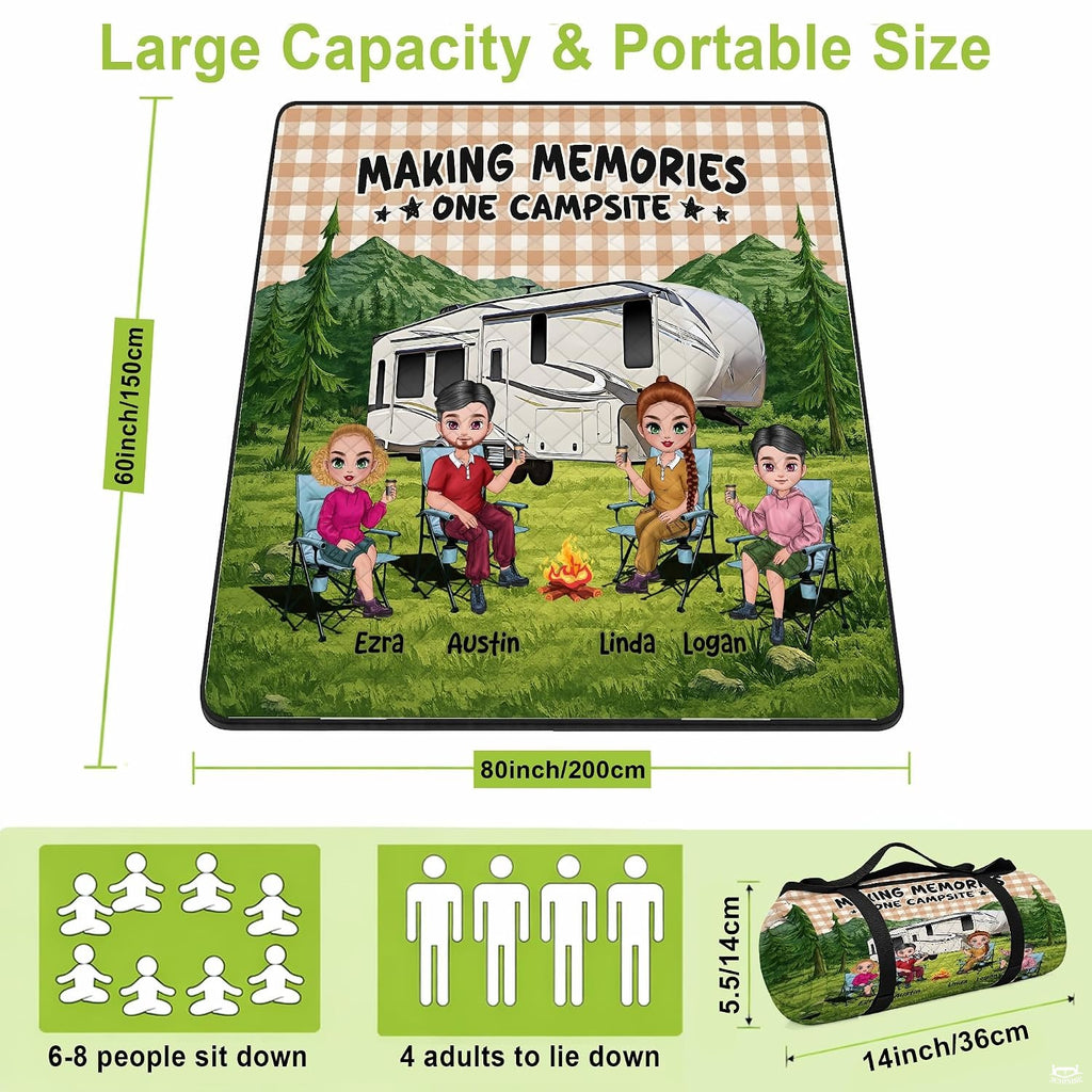 Family camping around a campfire in front of an RV with mountain background, view 3.