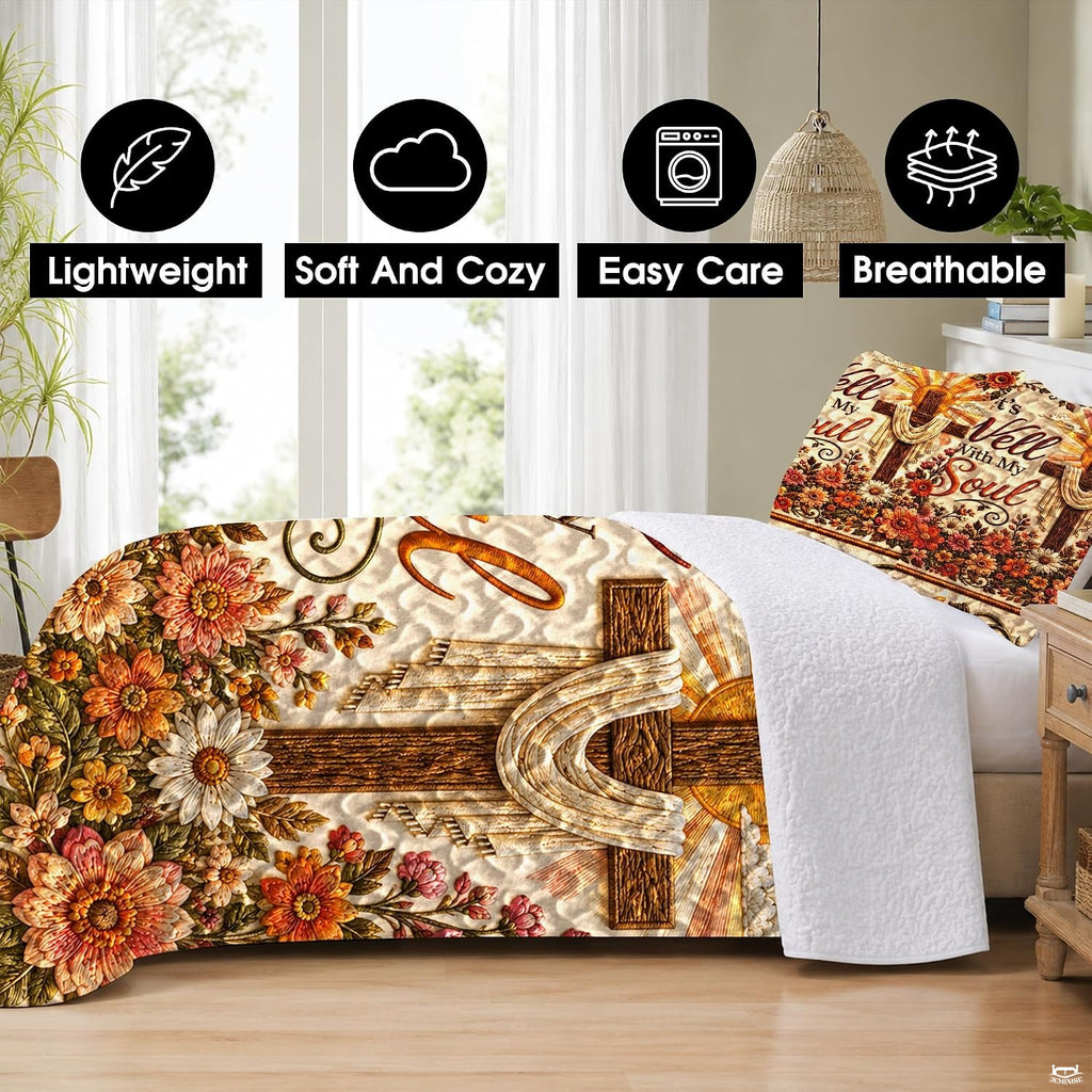 Matching pillow shams displaying a rustic cross and floral meadow on a bedding set