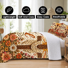 Matching pillow shams displaying a rustic cross and floral meadow on a bedding set
