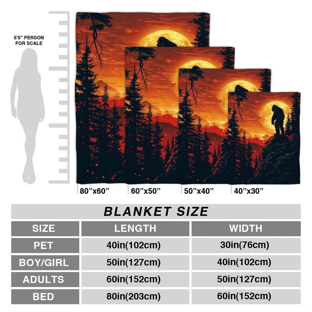Close up of Bigfoot throw blanket highlighting giant glowing harvest moon, embers, and cliff silhouette