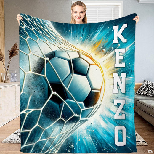 Soccer ball hitting goal net with stadium lighting and cyan streaks throw blanket