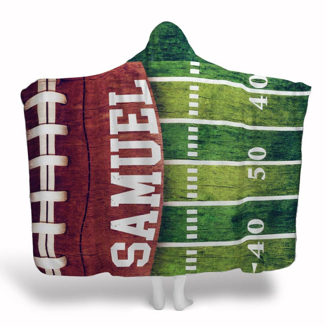 Rustic football field wood throw blanket featuring split design of wood grain ball and green yard lines
